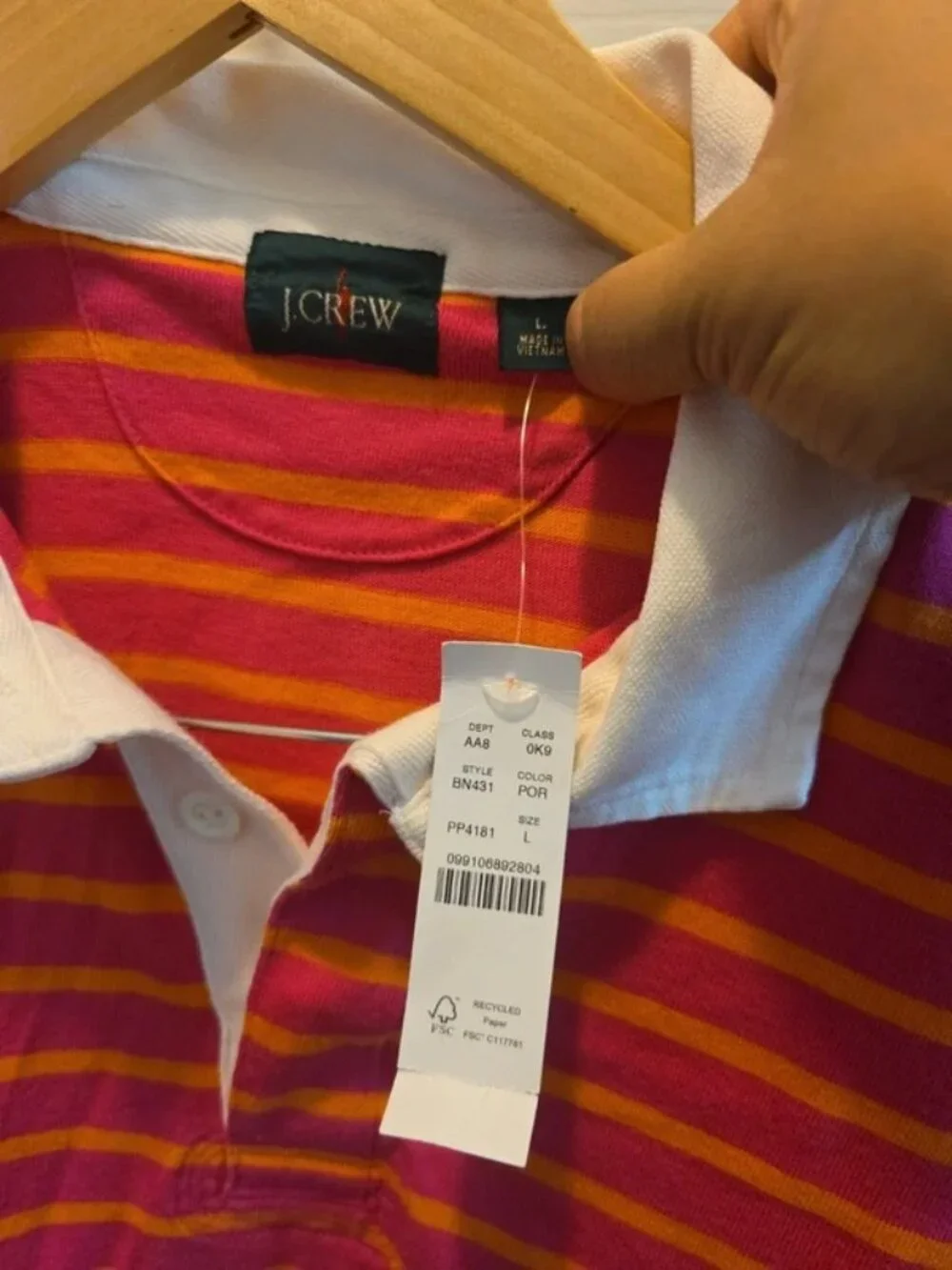 NWT J. Crew Mens Size Large Pink Gold Short Sleeve Rugby Shirt in Stripe NEW